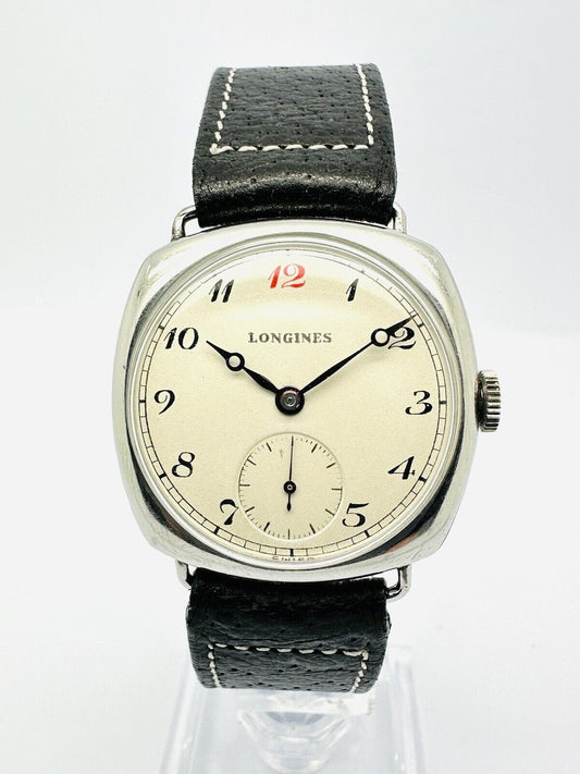 Vintage Longines 1935 Stainless Steel Cushion Case Wrist Watch.