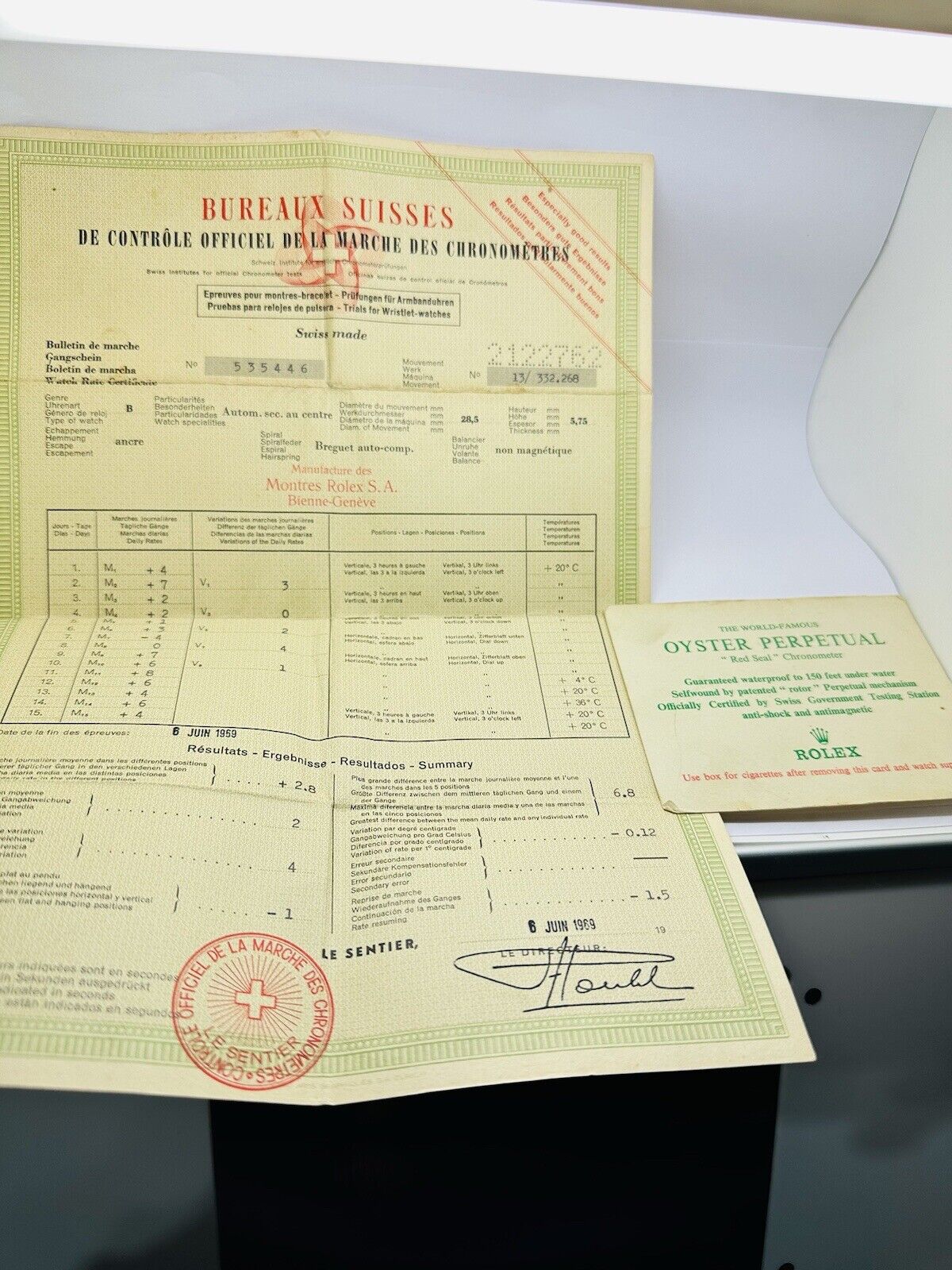 Vintage Rolex Original Chronometer Certificate.